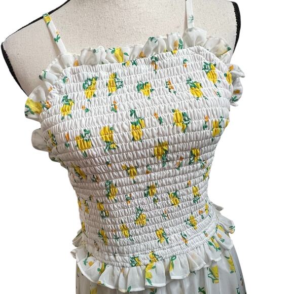 Betsey Johnson Maxi Dress Yellow Floral Smocked Size 6 White Ruffle Tiered - Picture 2 of 9